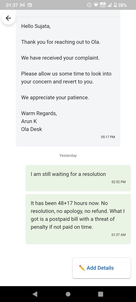 drcsujata's tweet photo. @ola_supports I had a promise of resolution by 48 hours. It has been 65 hours. No resolution, no refund, no apology. This is how @bhash @Olacabs does business... Take note @business @TheEconomist @EconomicTimes @moneycontrolcom @Uber @TimesNow @consumerforum_ @jagograhakjago https://t.co/DXfNmgKeXf