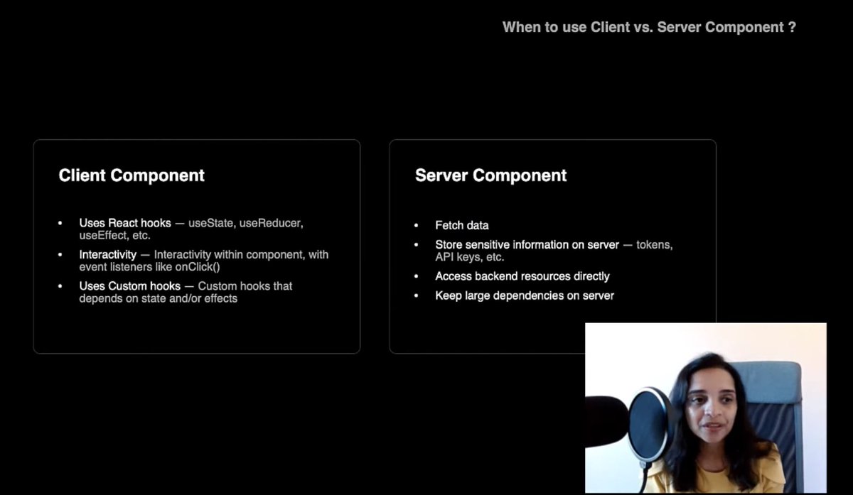 When to use a server component vs client component in #React? This is the most valuable slide of the entire @nextjs conf. Thanks @AdhithiRavi!!