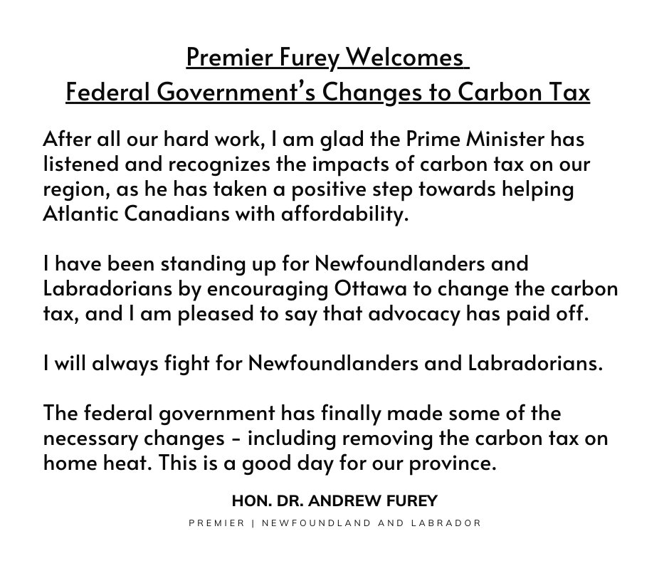 Our government has been pressing upon the federal government that its carbon tax unfairly impacts Newfoundlanders and Labradorians, so we are pleased to see some changes to help lighten the burden in our province. #nlpoli