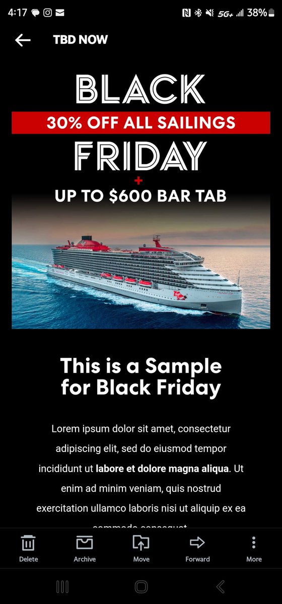 DellyOceane's tweet photo. @VirginVoyages Is this a real email or do we have an intern making a mistake and sending this out too early? #virginvoyages #blackfridaysale https://t.co/YL9bBW81To