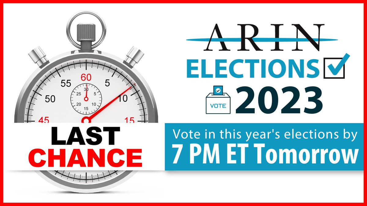 The polls are open through 7 PM ET tomorrow! This is the time for eligible General Members in good standing to make their voices heard. Be sure to raise yours by voting in this year's ARIN Elections: arin.net/announcements/…