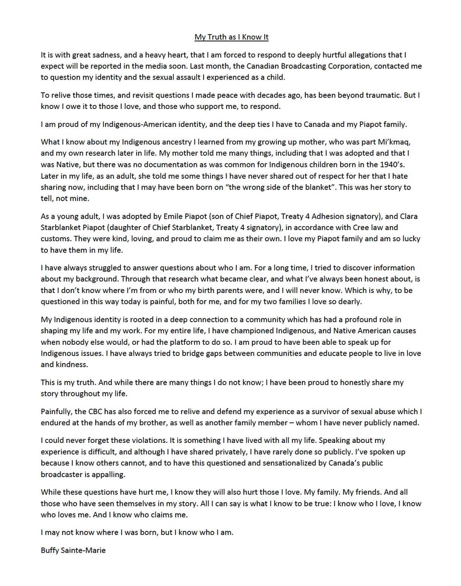 AngelaSterritt's tweet photo. Statement from @BuffySteMarie with regards to the CBC documentary on her:

“It is with great sadness, &amp; a heavy heart, that I am forced to respond to deeply hurtful allegations that I expect will be reported in the media soon. Last month, the Canadian Broadcasting Corporation… https://t.co/HEAWZ2MwBQ