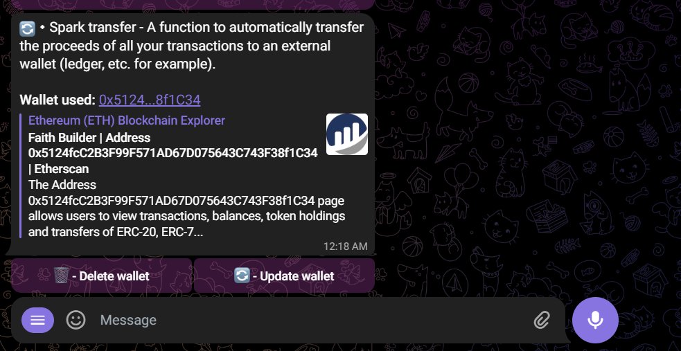 VoltInuOfficial's tweet photo. How can you improve your security in DeFi with #SparkBot without giving up speed and ease of use?

The Spark Transfer fixes this! 

This function offered by our trading bot will allow you to automatically transfer all your buy & sell proceeds to a secondary wallet (typically a hardware wallet) 🔒

Here's how to make use of this function:

1) Go to: https://t.co/8qFcQcZW4m

And click on "Start" to open up the main menu

2) Then, click on "Spark Transfer" in the main menu

3) Next, click on "Add wallet" (a) and reply with your secondary wallet address (ideally a hardware wallet) (b)

4) Now that you successfully added your secondary wallet, all your buy and sell proceeds will be automatically and instantly transferred to the wallet you indicated

You can always delete this secondary wallet or update it at any time by clicking on "Spark transfer" again in the main menu

This is a powerful feature that lets you to trade in DeFi at a volted speed while keeping your assets safe after every trade ⚡️

Since the tokens are automatically transferred to a secondary/hardware wallet, getting your device compromised/hacked or forgetting to revoke malicious or risky token approvals, will no longer put these tokens at risk since they've already been taken out of your trading wallet 🔐