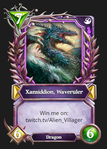 More <a href="/GodsUnchained/">Gods Unchained</a> Sealed adventures.
Oh, also someone will get this nice shadow ToF dragon before WR ends (thanks to <a href="/birdgineer/">Timothy Meadows ⚛️</a>).💜

Join here: twitch.tv/Alien_Villager

👾💜💯

#GodsUnchained #TCGVerse #TCG #p2e #Web3Gaming #immutable #livestream