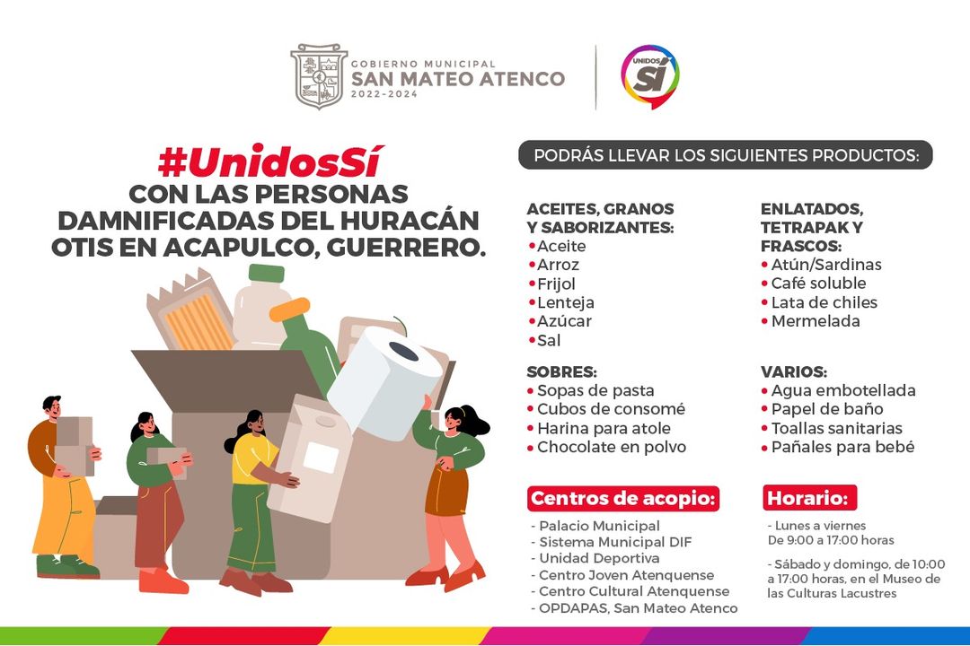 SanMateoAGob's tweet photo. Las familias guerrerenses necesitan nuestro apoyo solidario tras el paso del #HuracánOtis. 🌀

📍Ubica los centros de acopio 👇🏾 y dona lo necesario. 
🤝🇲🇽 #UnidosSí https://t.co/5iTNhJDUOR