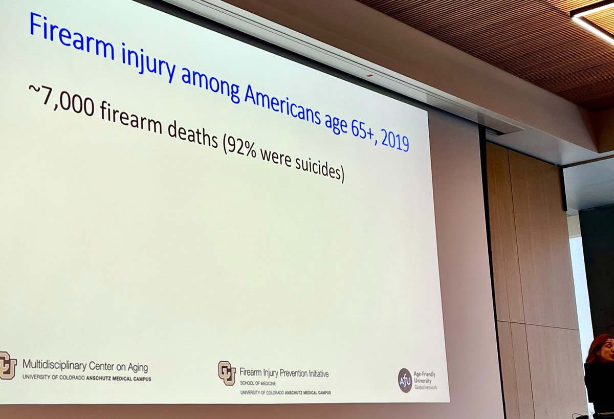Dr. <a href="/EmmyBetz/">Emmy Betz, MD, MPH 🇺🇲🩺🔬🤝❤️</a> presents on the importance of Firearm Research at the CU Anschutz Geriatrics &amp; Aging Research Symposium  

In 2019, the majority of firearm deaths in the over-65-year-old population were by suicide