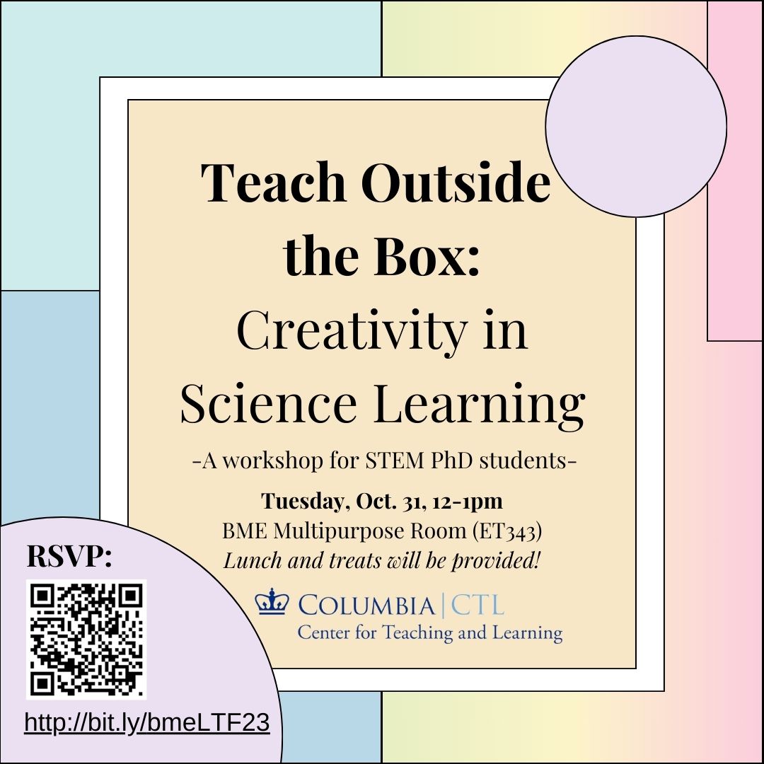 Columbia GoBME (@columbiagobme) on Twitter photo π¬β¨ Join us next week for our <a href="/ColumbiaCTL/">Columbia | CTL</a> LTF workshop: Teach Outside the Box π Embrace creativity in science learning! ππ¬ Save the date: Oct. 31st, 2023, 12-1pm at BME Multipurpose Room (ET343). Lunch and Halloween treats included! See you there! π bit.ly/bmeLTF23 π¬β¨ Join us next week for our <a href="/ColumbiaCTL/">Columbia | CTL</a> LTF workshop: Teach Outside the Box π Embrace creativity in science learning! ππ¬ Save the date: Oct. 31st, 2023, 12-1pm at BME Multipurpose Room (ET343). Lunch and Halloween treats included! See you there! π bit.ly/bmeLTF23