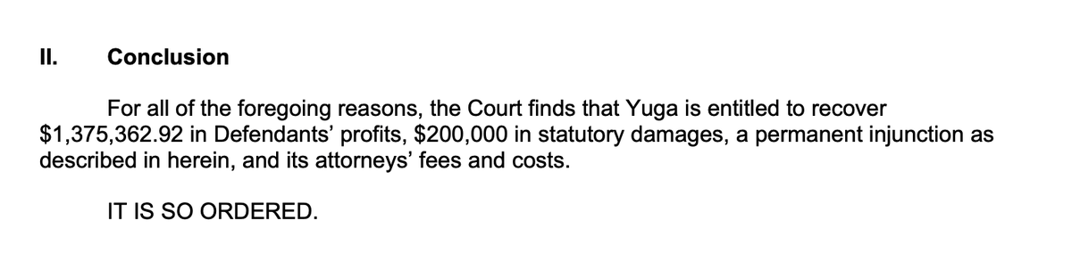 BREAKING: Ryder Ripps and Pauly ordered to pay Yuga Labs over 1.5 million dollars in damages. They also must transfer control of the RR/BAYC smart contract to Yuga.