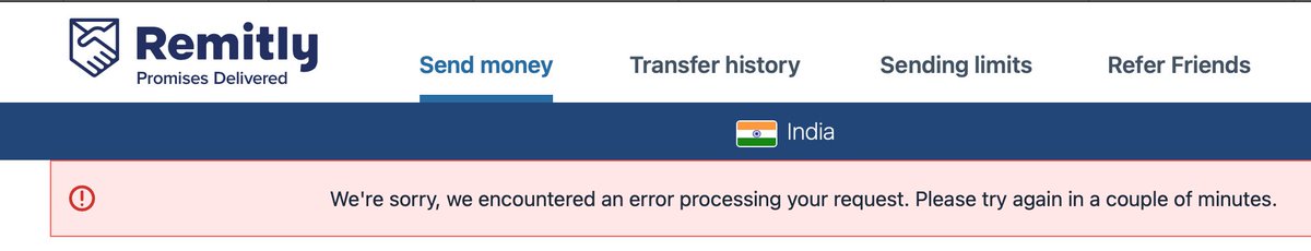 connectwadood's tweet photo. @remitlysupport @remitly 
Is there an ongoing issue with the website and mobile app on Android? 

I refreshed several times, changed browsers, and disabled the VPN. Same issue https://t.co/CLs6YdW0tm