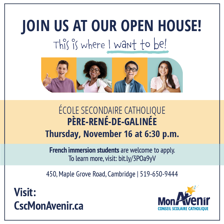 *Invitation pour les parents d’élèves de 6e année*
L'École secondaire catholique Père-René-de-Galinée organise une soirée portes ouvertes pour ses futurs élèves jeudi 16 novembre de 18 h 30 à 20 h.
En savoir plus : cscmonavenir.ca/portes-ouverte… 
#portesouvertessecondaire
