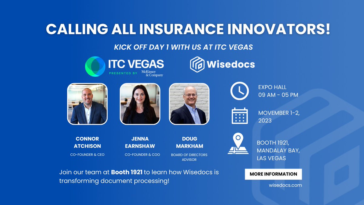 Wisedocsai's tweet photo. Calling all #InsuranceInnovators! 📢 @insuretechnow's  #ITCVegas is here, and we're excited to kick off Day 1 with you! Swing by Booth 1921 in the expo hall to explore the future of #Insurtech with Wisedocs. Let's make it an inspiring day! 🚀

#ITCVegas2023 #Conference https://t.co/qWncgmGrcB