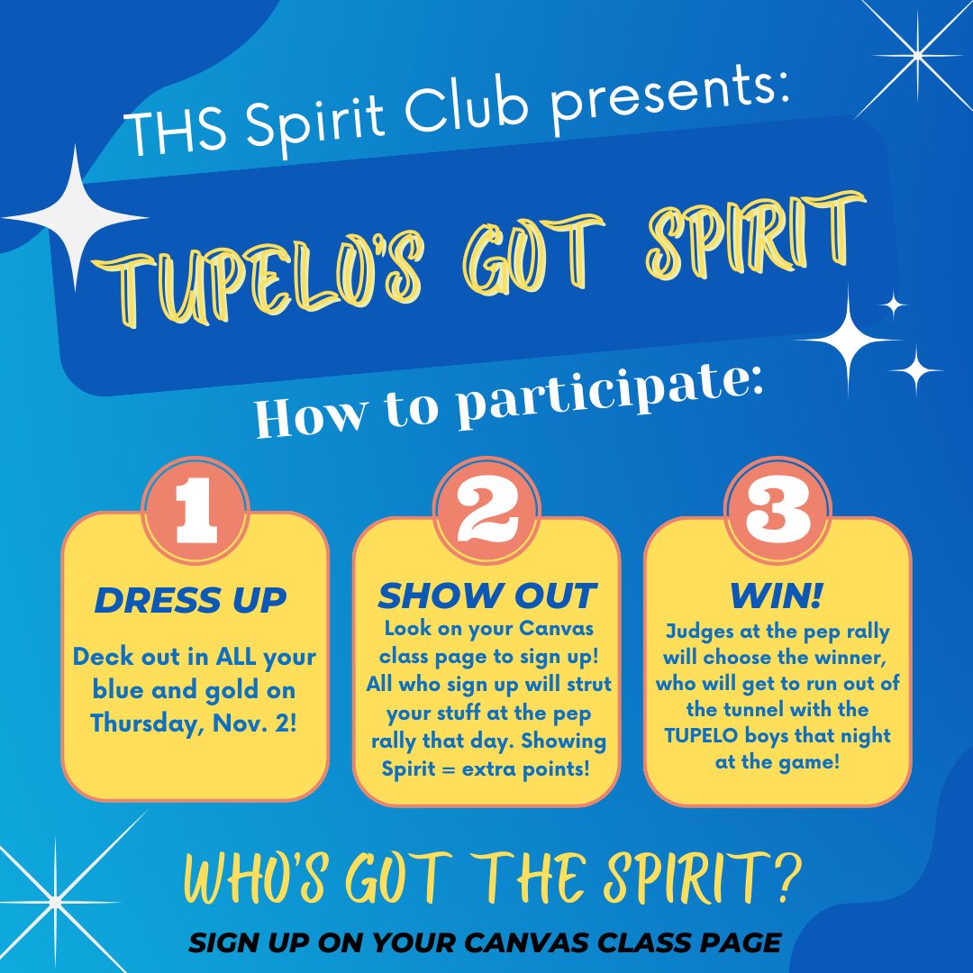 THSSpiritClub1's tweet photo. We’ve got Spirit - How ‘bout YOU!
THS students sign up on your Canvas Class Page! Go Wave!🎉🎉 https://t.co/ja8v3KLl04