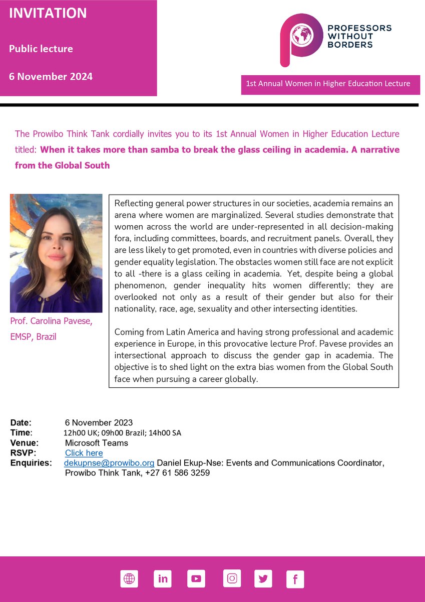 The Prowibo Think Tank is committed to supporting women in higher education!

Join us on the 6th of November 2023 via MS Teams for the 2023 Women in Higher Education Lecture. 

Registration: events.teams.microsoft.com/event/35a3c7b2…

All welcome!
#academicexcellence #WomenEmpowerment 

Details:👇