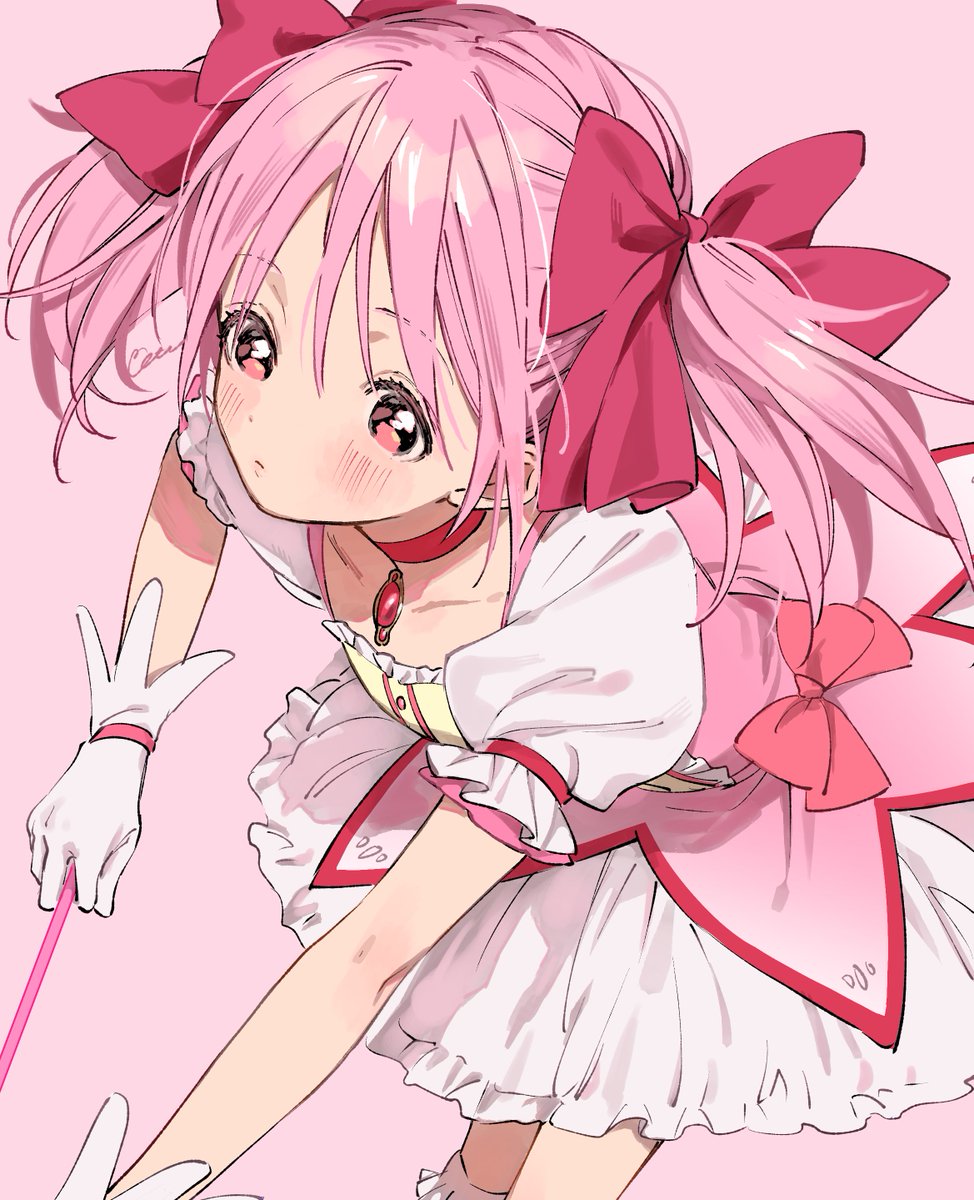 kaname madoka 1girl solo pink hair twintails gloves simple background white gloves  illustration images