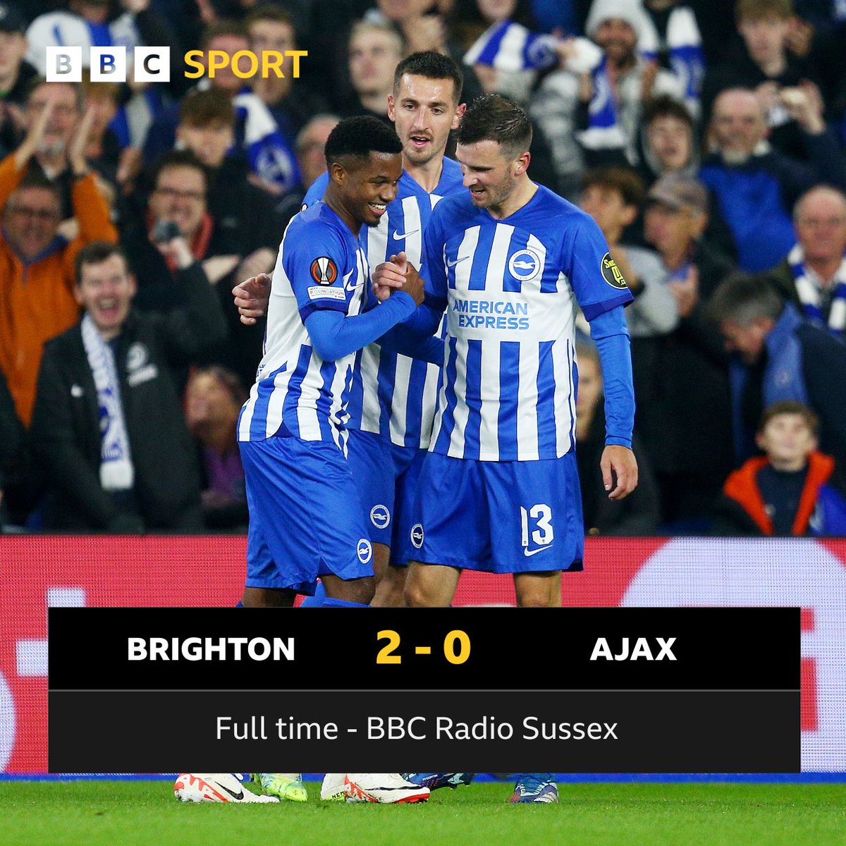 𝐅𝐔𝐋𝐋-𝐓𝐈𝐌𝐄: #BHAFC 2-0 #AJA💙 The Seagulls have claimed their first win in the @EuropaLeague, and are now 2nd in Group B! 🙌 Are you confident the Albion will reach the knockout phase now? 🤔 We want to know! Call us on 0800 232 1045 📞 Final Whistle on @BBCSussex! 🔜