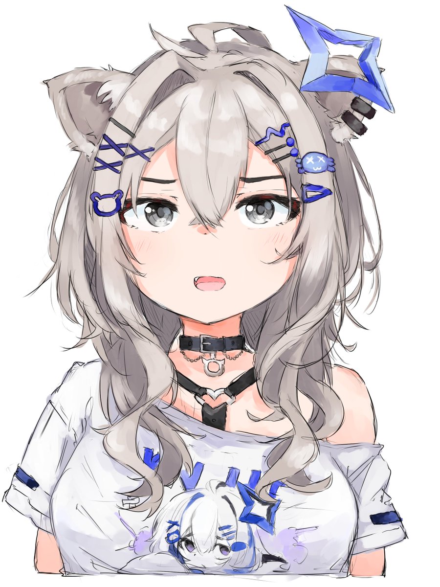 shishiro botan 1girl animal ears lion ears solo shirt grey hair hair ornament  illustration images