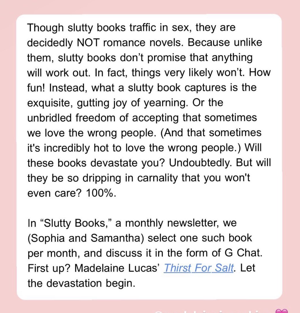 while we’re talking about literary it girls..it’s a great time to subscribe to mine and <a href="/_sleach/">Samantha Leach</a>’s Slutty Books newsletter 🎀💖 dm me your email address 2 subscribe <3