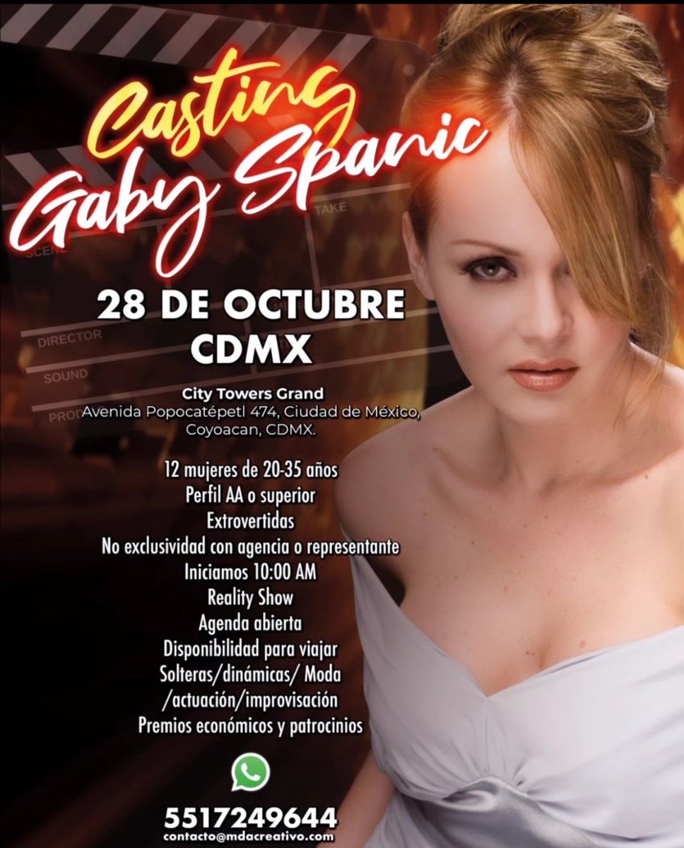 Michaela_Gaby_'s tweet photo. #Repost #gabyspanictv
CASTING - REALITY - con GABY SPANIC
Tu puedes participar
Aún estás a tiempo para ser parte de este proyecto.
Ciudad de México sábado 28 OCT 2023
INFO 55 1724 9644.
#casting #castingcdmx #reality #gabyspanic #gabyspanic2023 #spanic https://t.co/tpO7aQBnKv