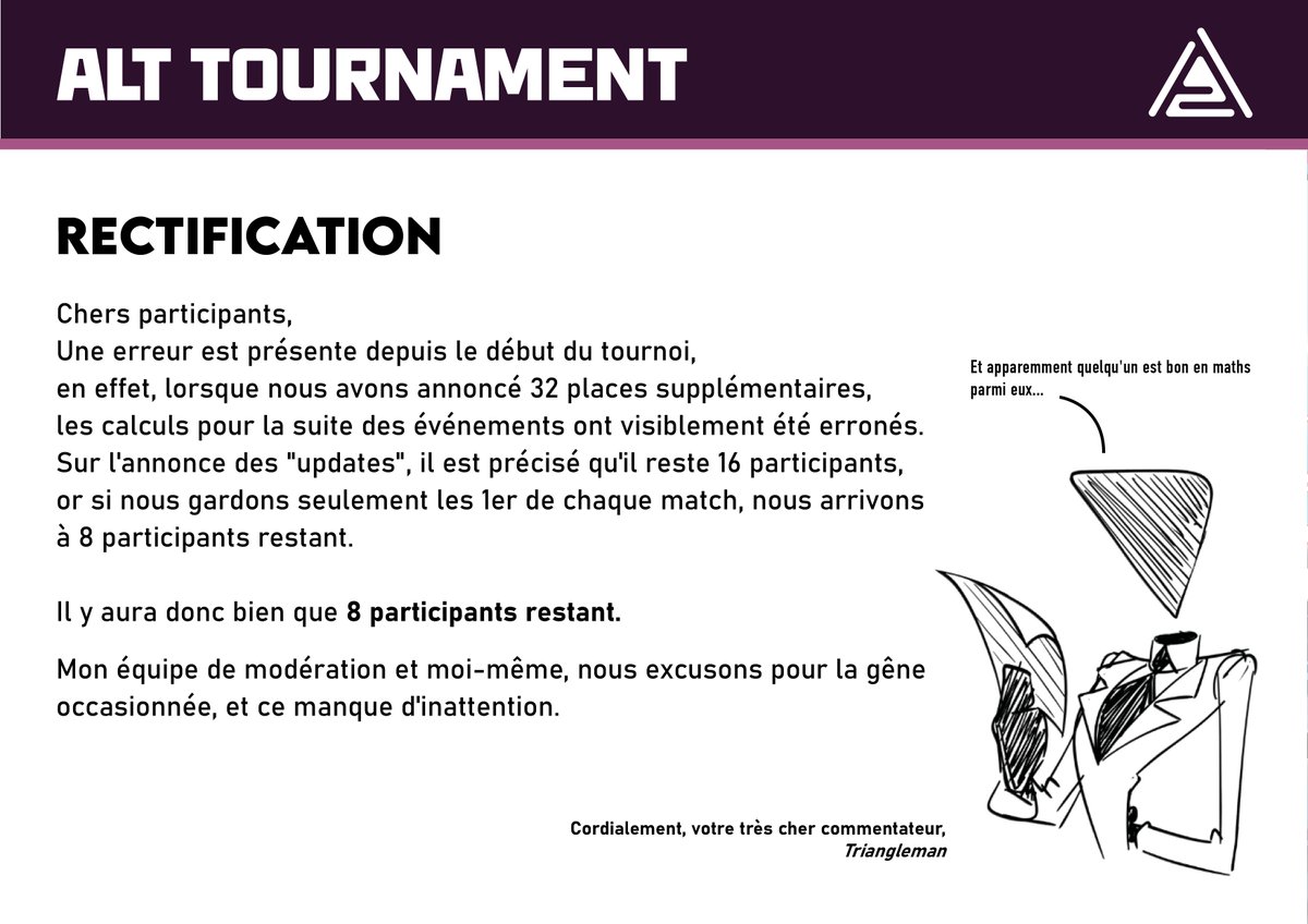 AltTournament's tweet image. ▽ 𝑪𝑯𝑬𝑹𝑺 𝑷𝑨𝑹𝑻𝑰𝑪𝑰𝑷𝑨𝑵𝑻𝑺 ▽

△ Voici une rectification des règles ainsi que la date pour les annonces des matchs et du thème pour cette demi-finale.