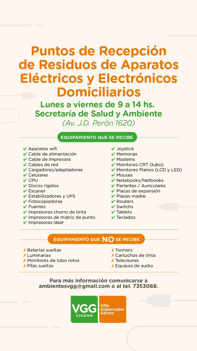✅ Celebramos la iniciativa del Municipio de Villa Gdor. Galvez que habilita un punto de recepción de RAEE que posibilita recuperar materias y equipos, cuidando el ambiente y posibilitando a la comunidad dar un bueno destino a sus equipos informáticos en desuso. 💻📱♻️😊 #RAEE