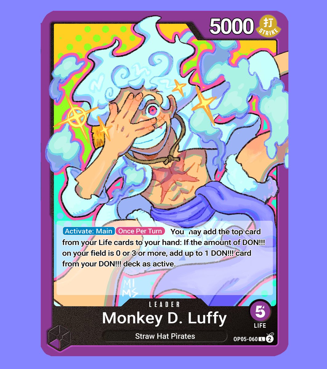 mimscosara's tweet photo. LUFFY G5💜☀️☁️
Custom card LEADER

[ commission for @ImJusTopher ]

Shares are appreciated 💖
.
.
.
#luffy #wano #onigashima #onepiececardgame #customleader #commission #ONEPIECE https://t.co/INFfKGMMAE