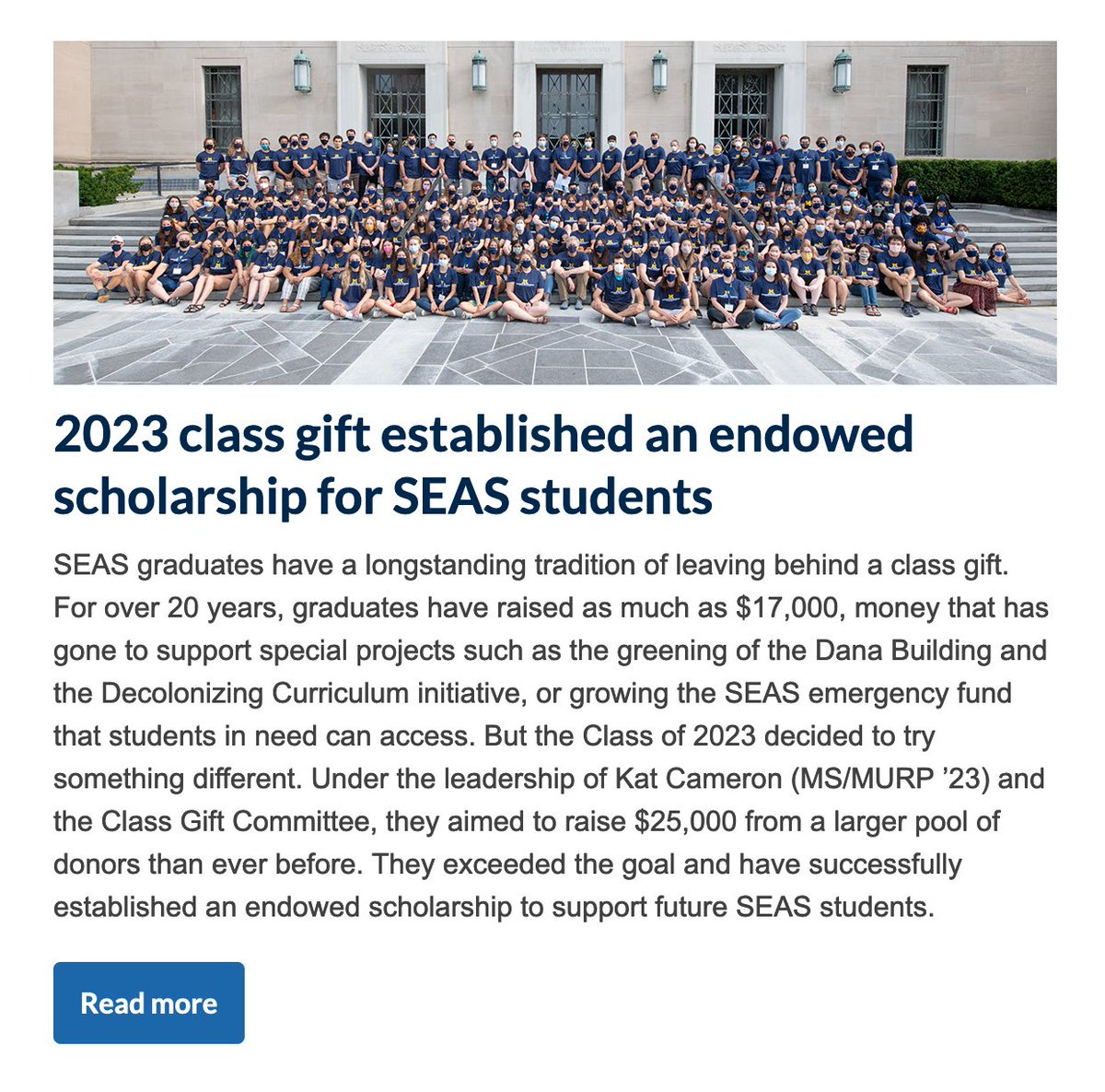 katcameron's tweet photo. *blushes*
Thanks for the shout-out in the @UMSEAS Connect this week. So proud of the SEAS Class of 2023 for establishing the 1st endowed scholarship fund as a class gift. HUGE thank you to all donors! Article: https://t.co/bU0fuube3n https://t.co/vWLivETlk7
