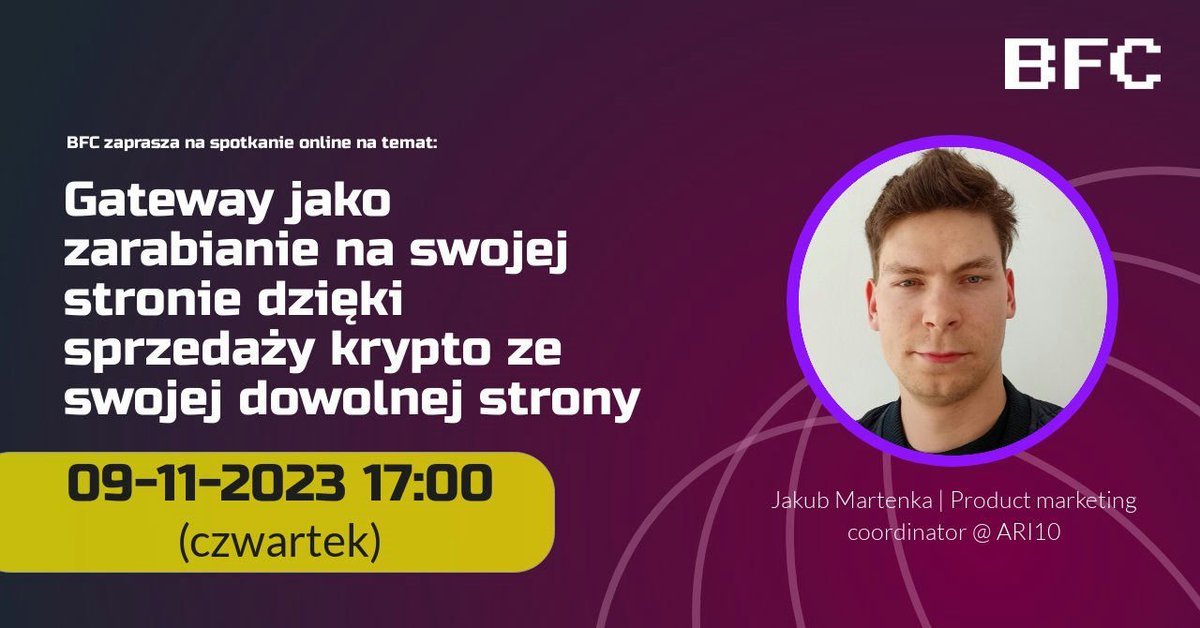 BoredFounders's tweet photo. 🔴Bored Founders Club LIVE🔴

Już niebawem kolejne ciekawe spotkanie live w BFC!

💡 Temat: ARI10 Gateway - czyli sposób na zarabianie ze sprzedaży krypto na stronie
👉  Prezenter: Jakub Martenka | Product marketing coordinator @ @ari10com

Kiedy? - 09.11.2023 17:00 (Czwartek) https://t.co/8fY0BuACSV