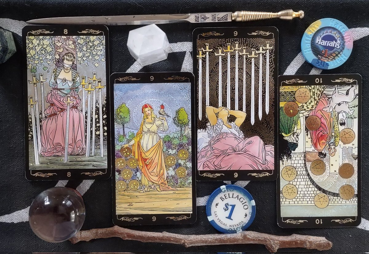 My #DailyTarot #4CardDraw 
What looked good a half year ago is now causing second thoughts. 
#TarotSwords vs. #TarotPentacles 
A week of #StockMarket #Nightmares 
#SelfDiscipline ~ #9ofPentacles goes along way when facing a reversal in a #10ofPenracles #TarotReading