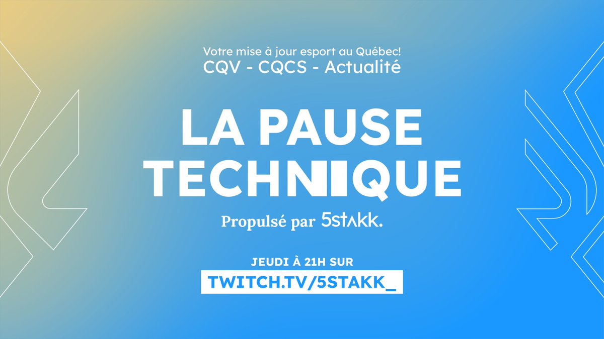 5stakk (@5stakk_) on Twitter photo Nous sommes 🔴EN DIRECT🔴 avec la Pause Technique !
Venez revivre l'action de la dernière semaine et prendre des nouvelles de la <a href="/CQV_Officiel/">Coupe Québécoise de Valorant</a>, <a href="/CQCS_Officiel/">Coupe Québecoise de Counter-Strike</a> et <a href="/GalaEsportQC/">Gala Esports Québec</a>
🎙️ <a href="/able_mil/">Emil ".mil" Vanjaka</a>
📺 twitch.tv/5stakk_ Nous sommes 🔴EN DIRECT🔴 avec la Pause Technique !
Venez revivre l'action de la dernière semaine et prendre des nouvelles de la <a href="/CQV_Officiel/">Coupe Québécoise de Valorant</a>, <a href="/CQCS_Officiel/">Coupe Québecoise de Counter-Strike</a> et <a href="/GalaEsportQC/">Gala Esports Québec</a>
🎙️ <a href="/able_mil/">Emil ".mil" Vanjaka</a>
📺 twitch.tv/5stakk_