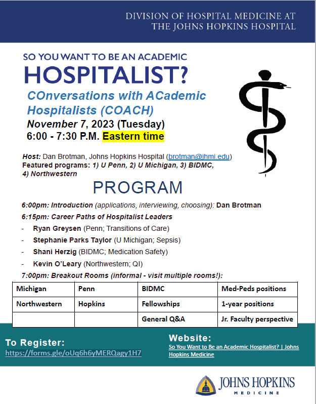 We're hosting another FREE webinar where you can meet with Hospitalist Divisions from across the country to. Register here for COACH (COnversations with ACademic HospitalistS) Nov 7 at 6:00 pm EST forms.gle/oUq6h6yMERQagy…