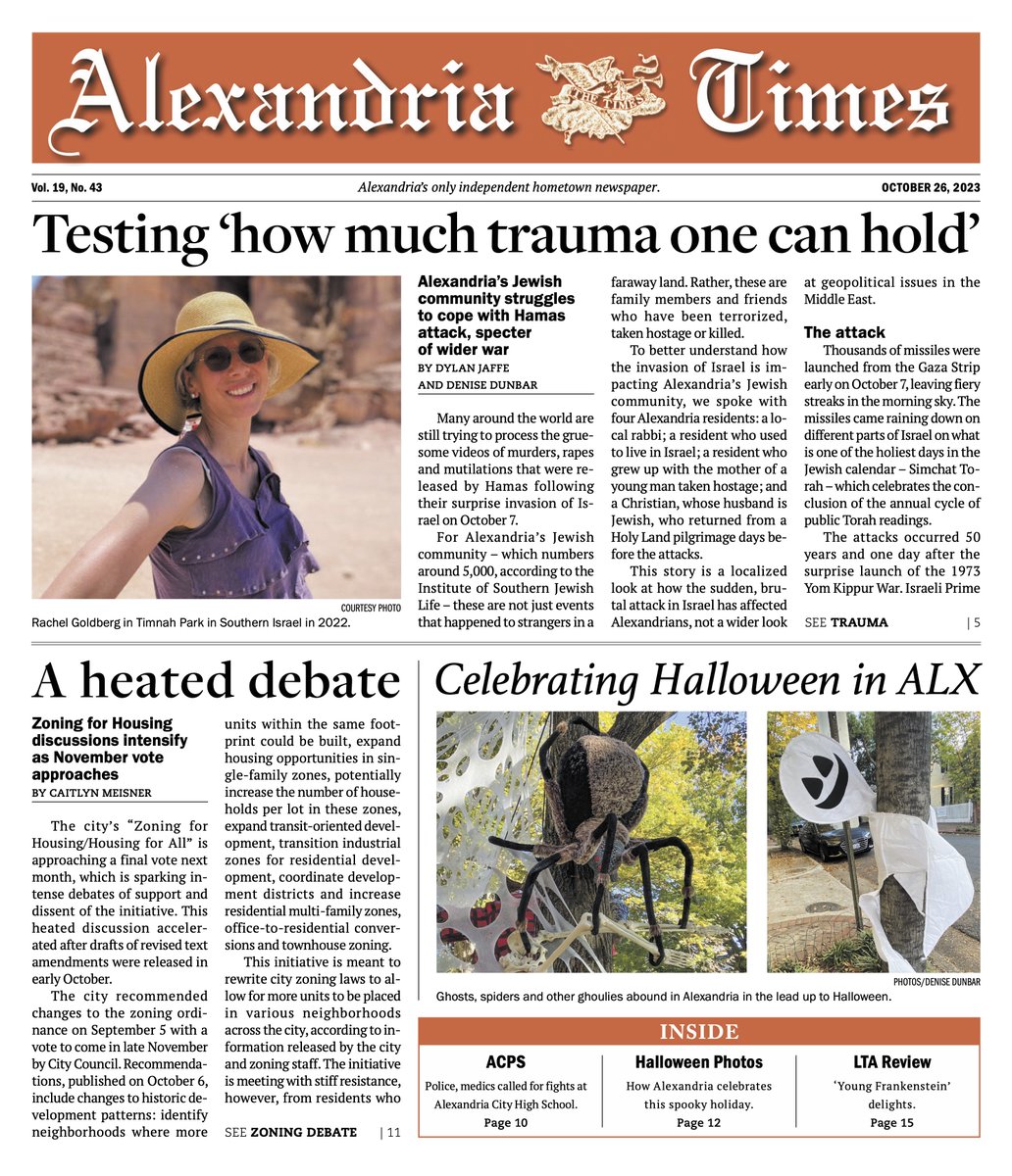 Check out our Oct. 26, 2023, edition. We cover the local impact of the invasion in Israel, Zoning for Housing debates, fights at ACHS and more. 

alextimes.com/wp-content/upl…