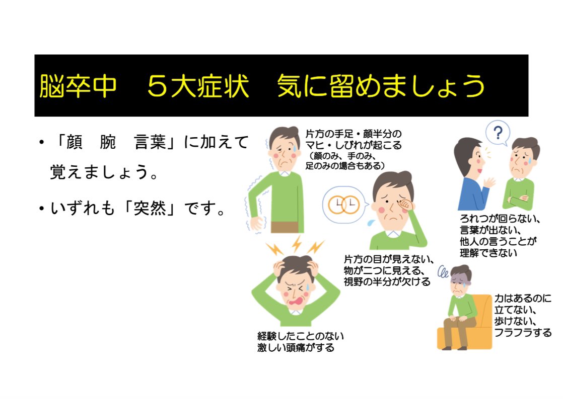 脳梗塞は本当にある日突然やってくる。覚えておいて欲しいのは『FASTチェック』。画像は日本脳卒中協会様からお借りした。私の場合は運良く初期の進行が緩やかだったのだけれど、脳卒中は時間との勝負。時間が命。ご自分はもちろん、ご家族のため、身近な人のために覚えておいて欲しい。