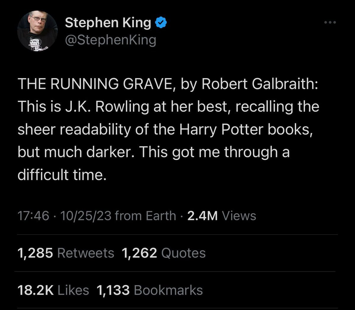 thoptertoken's tweet image. Stephen King is promoting the biggest transphobe in the world now. Sad news. 

I weep not for King’s works (although I’m sad for his fans). I mourn the loss of the Stephen King Rules shirt from Monster Squad. He no longer rules. 

Also, trans rights in case that wasn’t clear