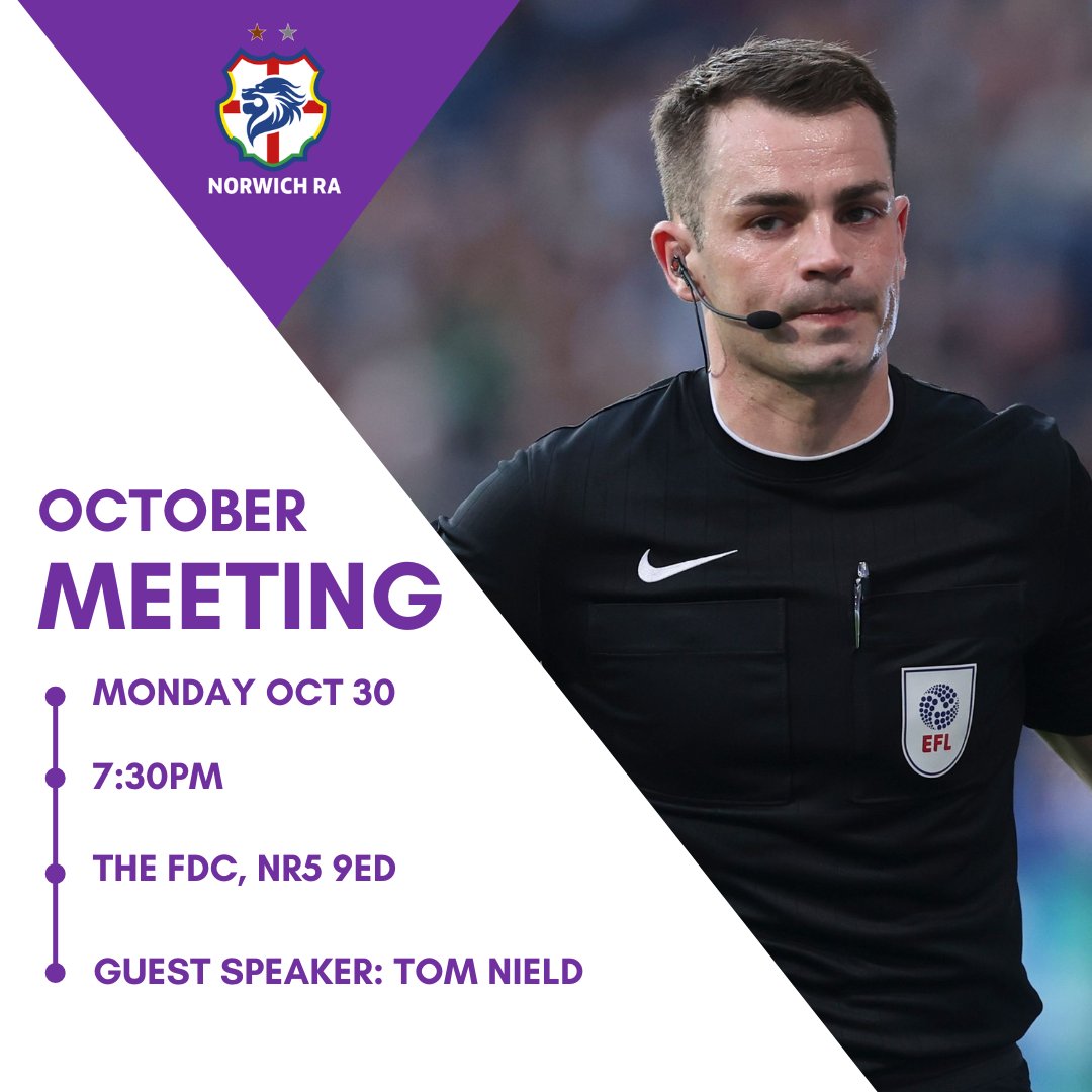 A reminder that in 7⃣2⃣ hours we will welcome EFL referee Tom Nield to The FDC for a great session on match control. 

If you haven't joined the RA and want to see how we can help you grow as a match official, feel free to join us!