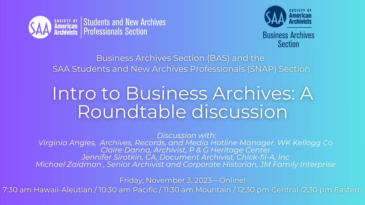 Join SNAP and SAA Business Archives Section (BAS) to learn about what it is like to be a business archivist, from business archivists on Friday, November 3rd. Register at bit.ly/3FD9ZW5