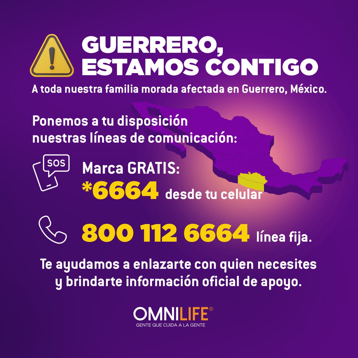 Familia Morada, si estás en Guerrero y no cuentas con saldo marca GRATIS al *6664 o al 800 112 6664, te ayudaremos a enlazarte con quien lo necesites y brindarte información oficial de apoyo.

Comparte esta comunicación. Estamos contigo para juntos superar este momento.