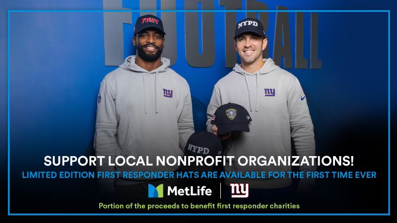 I’m joining the @Giants, @MetLife and @GrahamGano to support local nonprofits! This Sunday, you can buy the newly launched Giants-first responder hats to help organizations, including the @nycpolicefdtn's Far Rockaway & Harlem Giants. Read more: Giants.com/MetLife