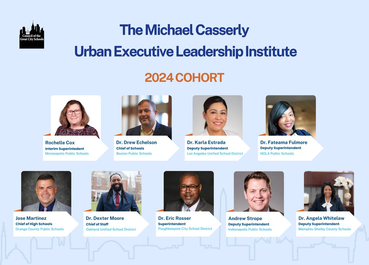 Take a look at our 2nd cohort of urban education leaders! The second cohort of the Institute begins their leadership journey in February and will participate in monthly sessions through October 2024. For bios and photos of the 2024 cohort visit cgcs.org/casserlyinstit…