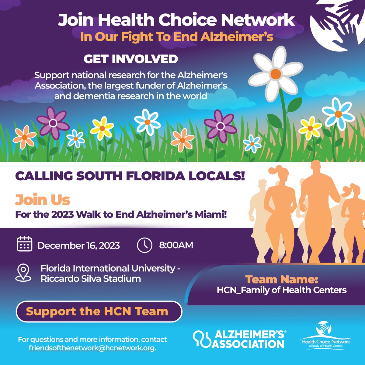 South Florida Locals: HCN is inviting our HCN Family to join us as we walk to raise awareness and funds for Alzheimer's on December 16th for the 2023 Walk to End Alzheimer's Miami. Join the team: act.alz.org/site/TR/Walk20…

#EndAlzheimers #AlzheimersAwareness #EndAlz #Walk2EndAlz