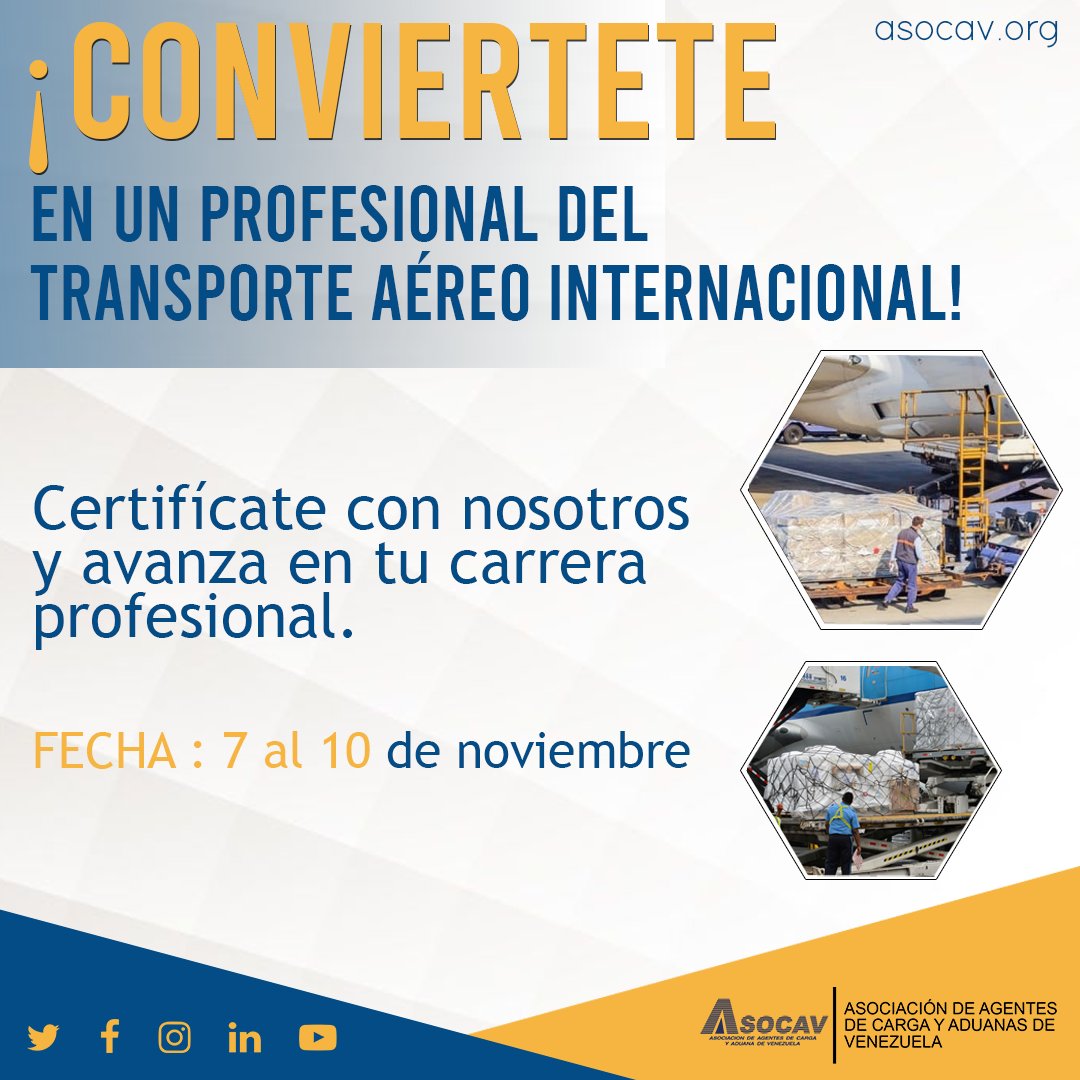 📣 ATENCIÓN estudiantes de Comercio Internacional, personal de Agencias de Carga, Agencias de Aduana, Couriers y Líneas Aéreas..

Patrocinado y Certificado por TAP AIR PORTUGAL y Avalado por IATA

Contáctanos:
(0212) 762.28.57/(0424) 204.52.97
info@asocav.net/director2@asocav.net