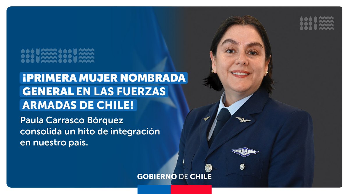 GobiernodeChile's tweet photo. ¡Histórica! 🙌 Por primera vez en las Fuerzas Armadas de nuestro país una mujer asciende al grado de general. Un logro que consolida la integración de las 18 mil mujeres, civiles y militares.

Felicitamos a la general de Brigada Aérea Paula Carrasco Bórquez de la @FACh_Chile 👏 https://t.co/LA96Uv0wtX