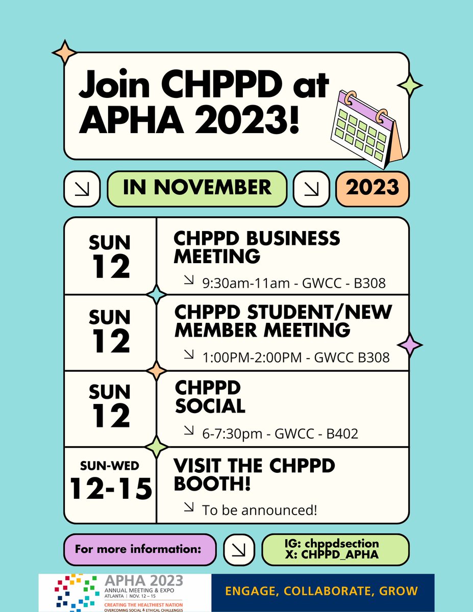 Headed to the 2023 APHA Annual Meeting in ATL? So are we! We hope to see you at our events! <a href="/PublicHealth/">APHA</a> 

#apha
#chppd
#forhealth