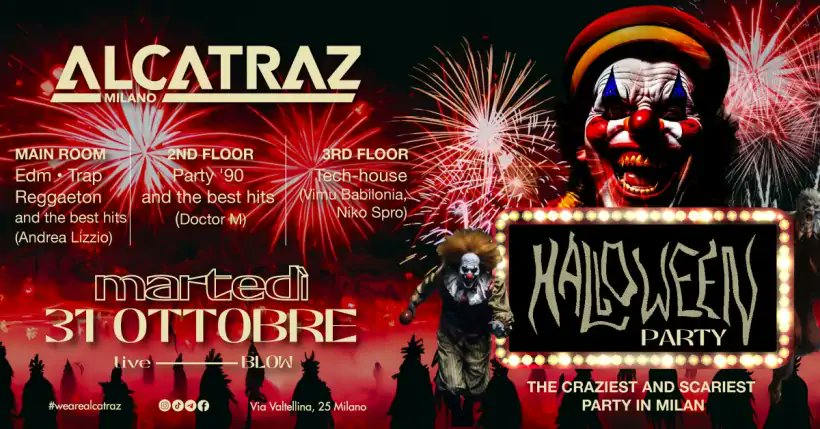 Eventi@Milano (@eventiatmilano) on Twitter photo All' <a href="/AlcatrazMilano/">Alcatraz Milano</a> di via Valtellina 25, martedì 31 ottobre, la più grande festa di Halloween a Milano… dove la paura è di casa e dove tutto ciò che vi spaventa sarà al centro del vostro divertimento.
eventiatmilano.it/2023/10/hallow… All' <a href="/AlcatrazMilano/">Alcatraz Milano</a> di via Valtellina 25, martedì 31 ottobre, la più grande festa di Halloween a Milano… dove la paura è di casa e dove tutto ciò che vi spaventa sarà al centro del vostro divertimento.
eventiatmilano.it/2023/10/hallow…