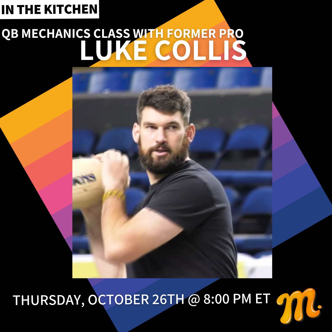 TeamMSTRD's tweet image. Join us In the Kitchen TONIGHT at 8 PM ET for a class on throwing #mechanics for #quarterbacks with #TeamMSTRD cofounder &amp;amp; former pro QB @LAcollis! Register here: in-the-kitchen.teammstrd.com 🏈 🔥