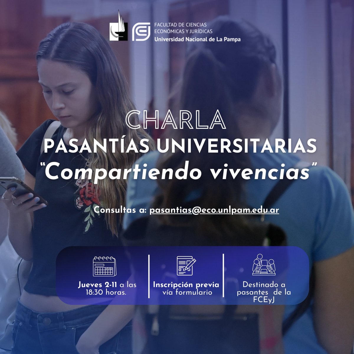 💼¡Si estás haciendo una pasantía, acércate a compartir tu experiencia! 😃👍

📅Te esperamos el próximo jueves a las 18:30 horas. ⏰

📝No te olvides de inscribirte: linktr.ee/EcoJur

🏫Actividad destinada a estudiantes de la FCEyJ. 📚

#SomosEcoJur 🎓👥