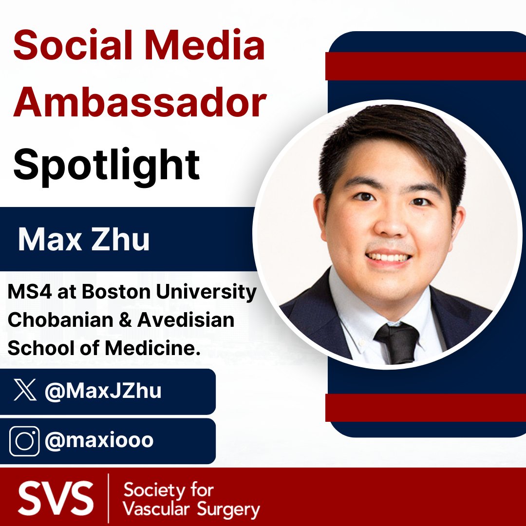 The SVS welcomes Max Zhu (@MaxJZhu) as a 2023-2024 Social Media Ambassador! Max's clinical research has focused on the effect of social determinants of health in vascular disease.