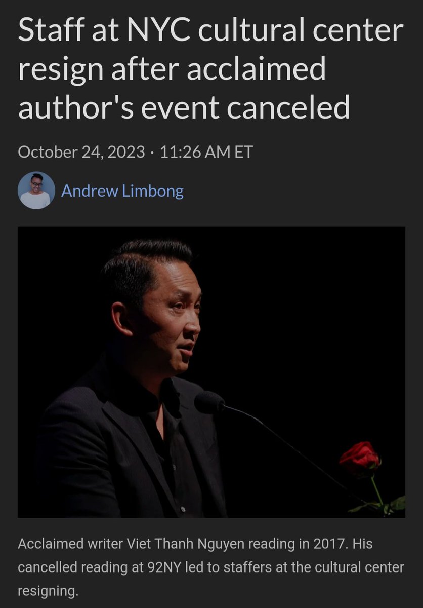 Staff from 92nd Street Y have resigned after the pro-Israeli arts centre abruptly halted a scheduled reading by author Viet Thanh Nguyen, who signed a statement supporting ceasefire. 🇵🇸🇵🇸🇵🇸