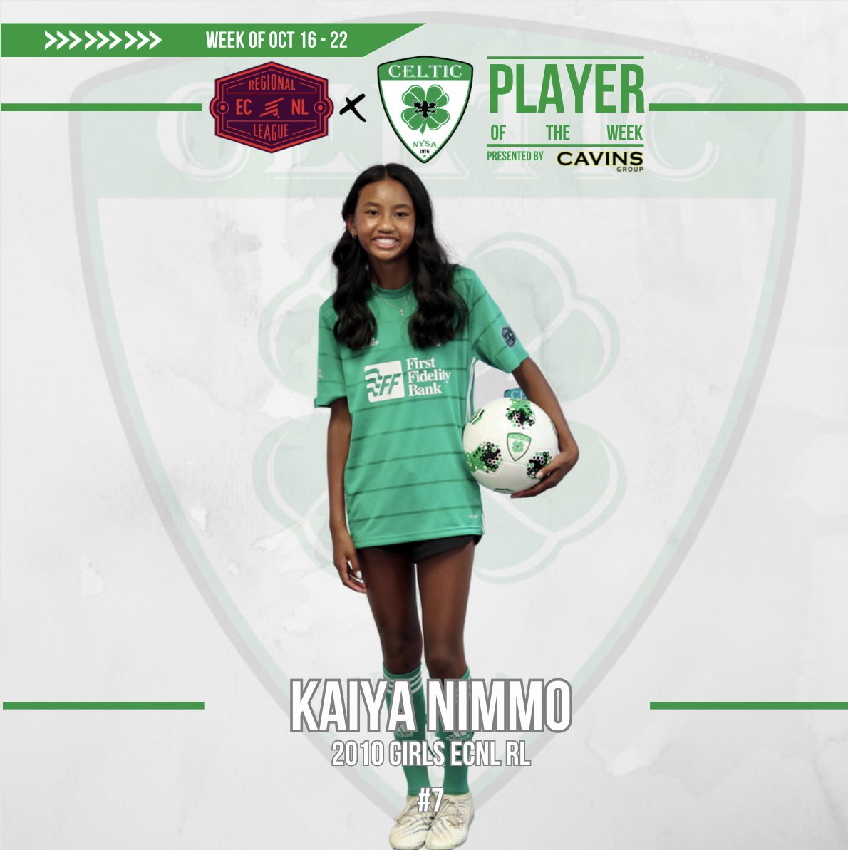 𝐏𝐥𝐚𝐲𝐞𝐫 𝐎𝐟 𝐓𝐡𝐞 𝐖𝐞𝐞𝐤

Congratulations to Kaiya Nimmo for being named as the ECNL RL Player of the week. 👏

Great job Kaiya. 💪

<a href="/OklahomaCeltic/">Oklahoma Celtic-ECNL, OPC</a> l <a href="/ECNLgirls/">ECNL Girls</a> l COYGIG 🍀