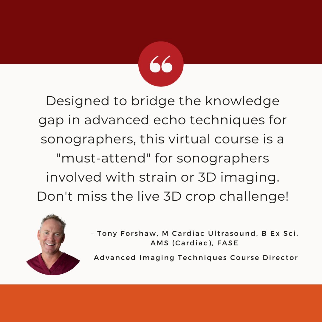 ASE360's tweet photo. Tony Forshaw, M Cardiac Ultrasound, B Ex Sci, AMS (Cardiac), FASE (@echoguru) invites all sonographers to our Advanced Imaging Techniques: Echo Access Virtual Experience course, coming November 4-5! 🫀

Register here: https://t.co/uF3wfRNEDV https://t.co/0dWn0MtUu8