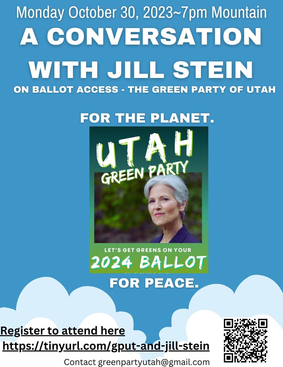 The Green Party of Utah will be hosting a conversation with Jill Stein on Monday, October 30 at 7pm Mountain time. Join us for an engaging discussion on ballot access.  Help the Green Party of Utah get ballot access so we can vote Green in 2024!  ##greenpartyutah #utah